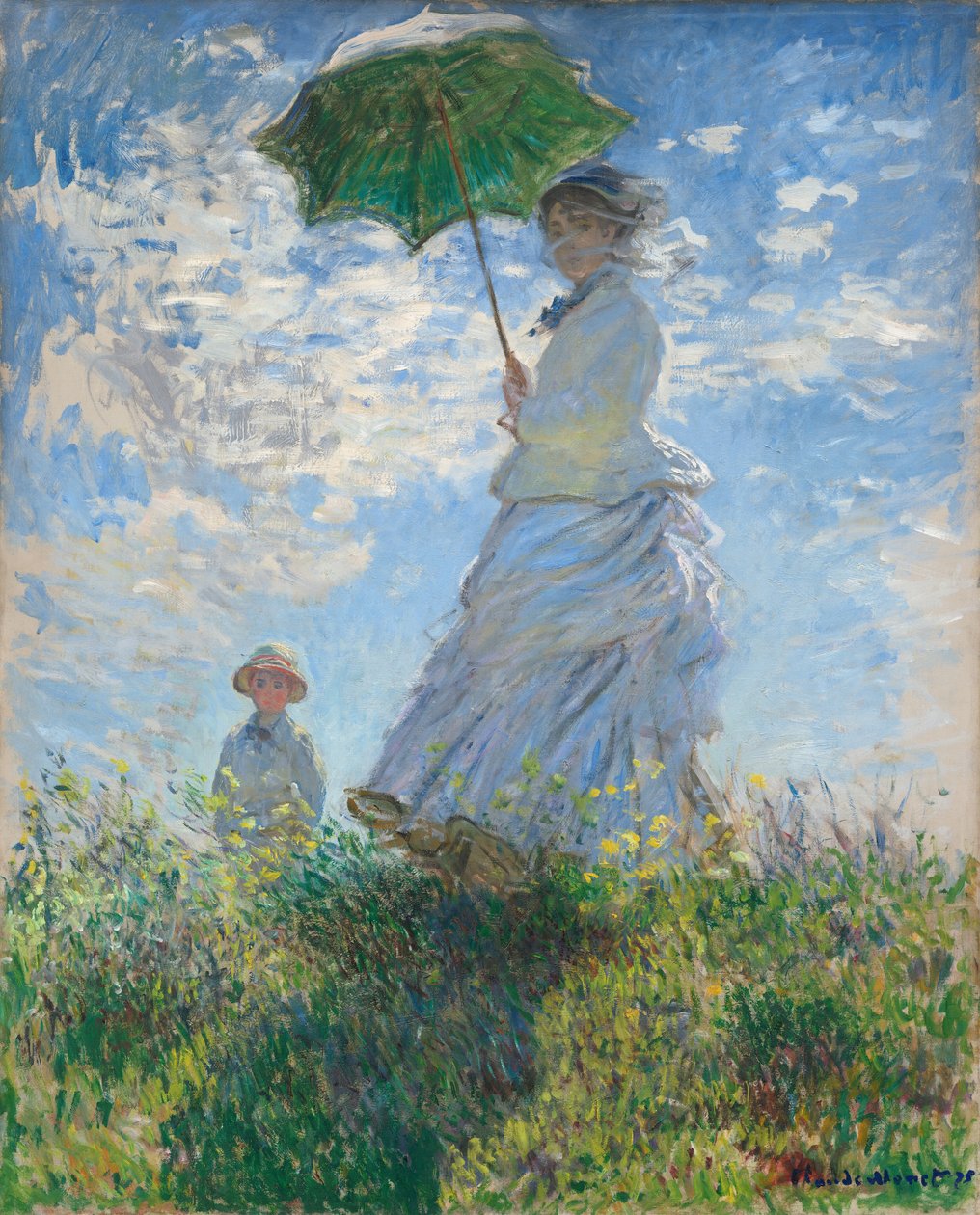 Nainen päivänvarjoineen - Madame Monet ja hänen poikansa, 1875. tekijältä Claude Monet