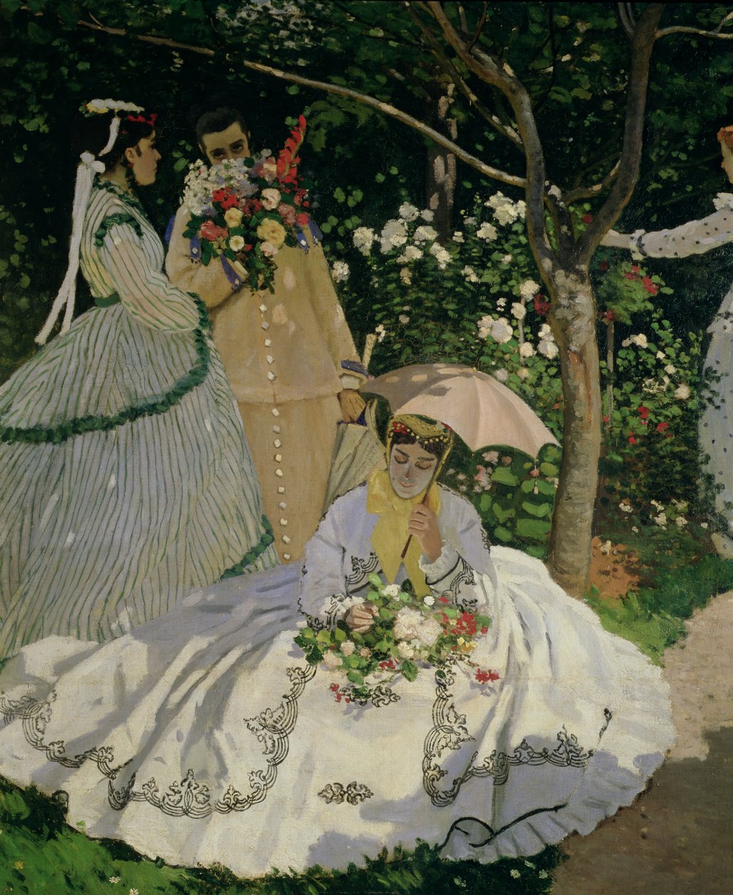 Naiset puutarhassa, yksityiskohta istuvasta naisesta aurinkovarjon kanssa, 1866 öljy kankaalle yksityiskohta vuodelta 2011. tekijältä Claude Monet