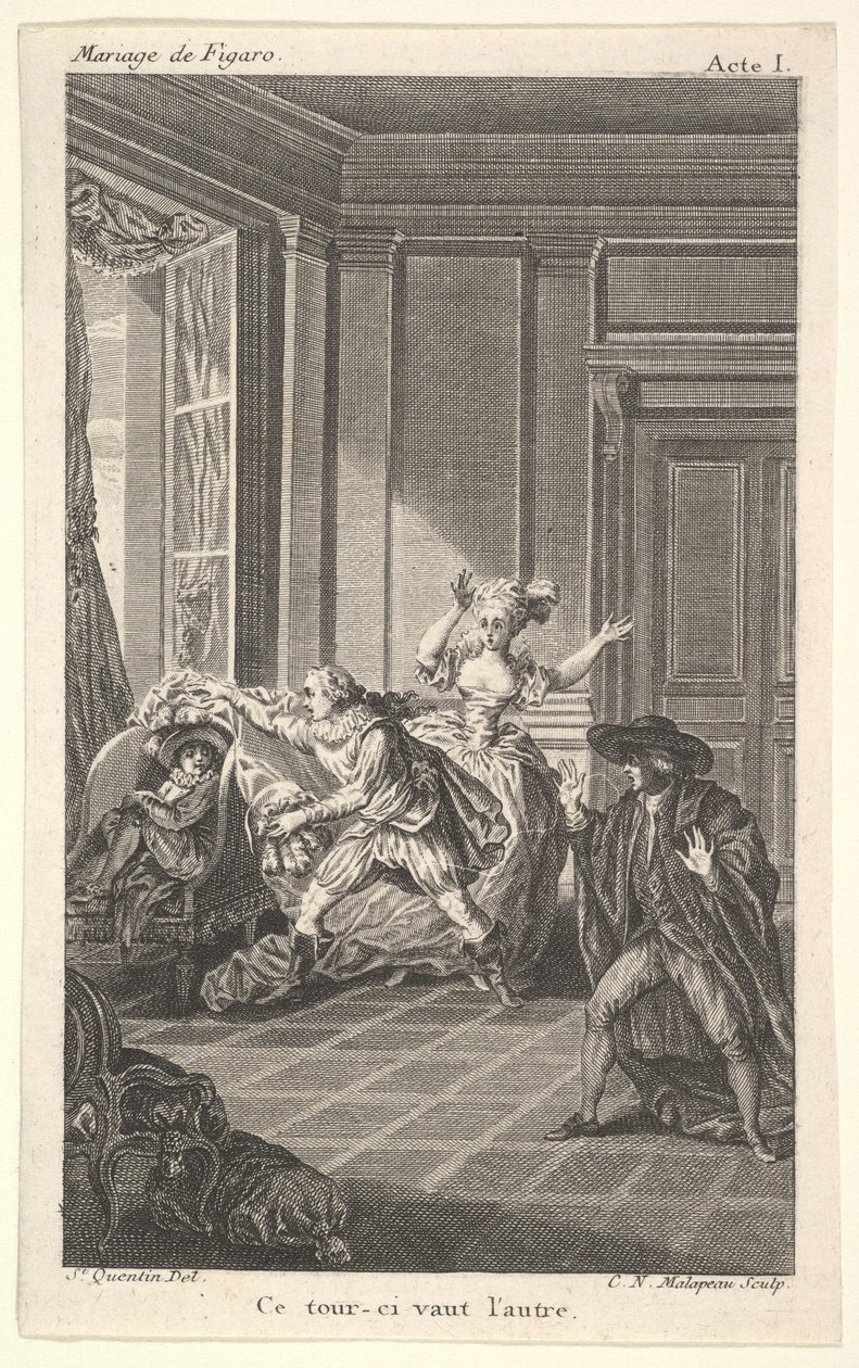 Tuoliin käpertynyt mies katsoo toista miestä, joka lähestyy häntä vasemmalta i..., n. 1784. tekijältä Claude Nicolas Malapeau