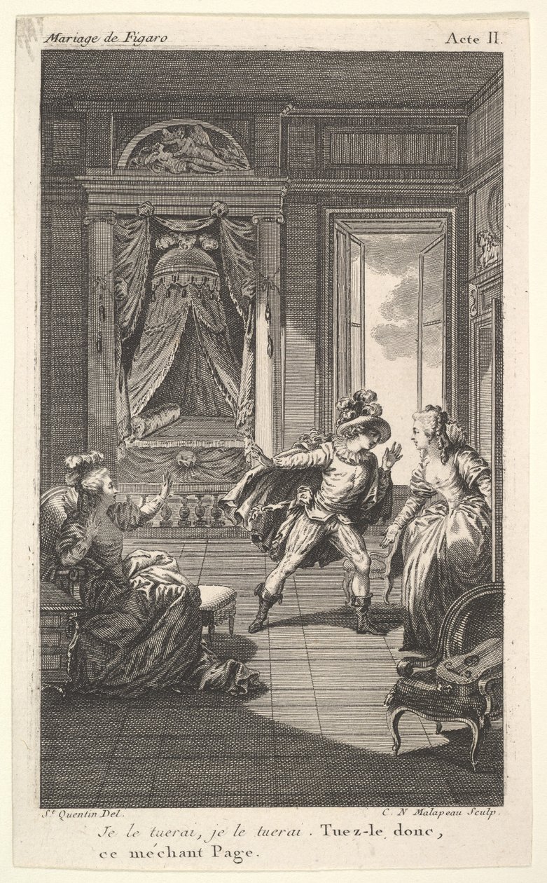 Mies nojaa oikealla ovella seisovaa naista kohti, vasemmalla istuva nainen nostaa..., n. 1784. tekijältä Claude Nicolas Malapeau