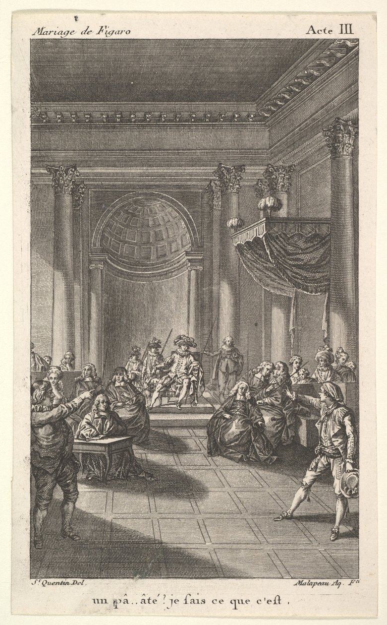 Tuolilla porrastetulla tasolla istuva mies pitää yleisön paikallaan, kaksi osoittavaa miestä seisoo..., n. 1784. tekijältä Claude Nicolas Malapeau