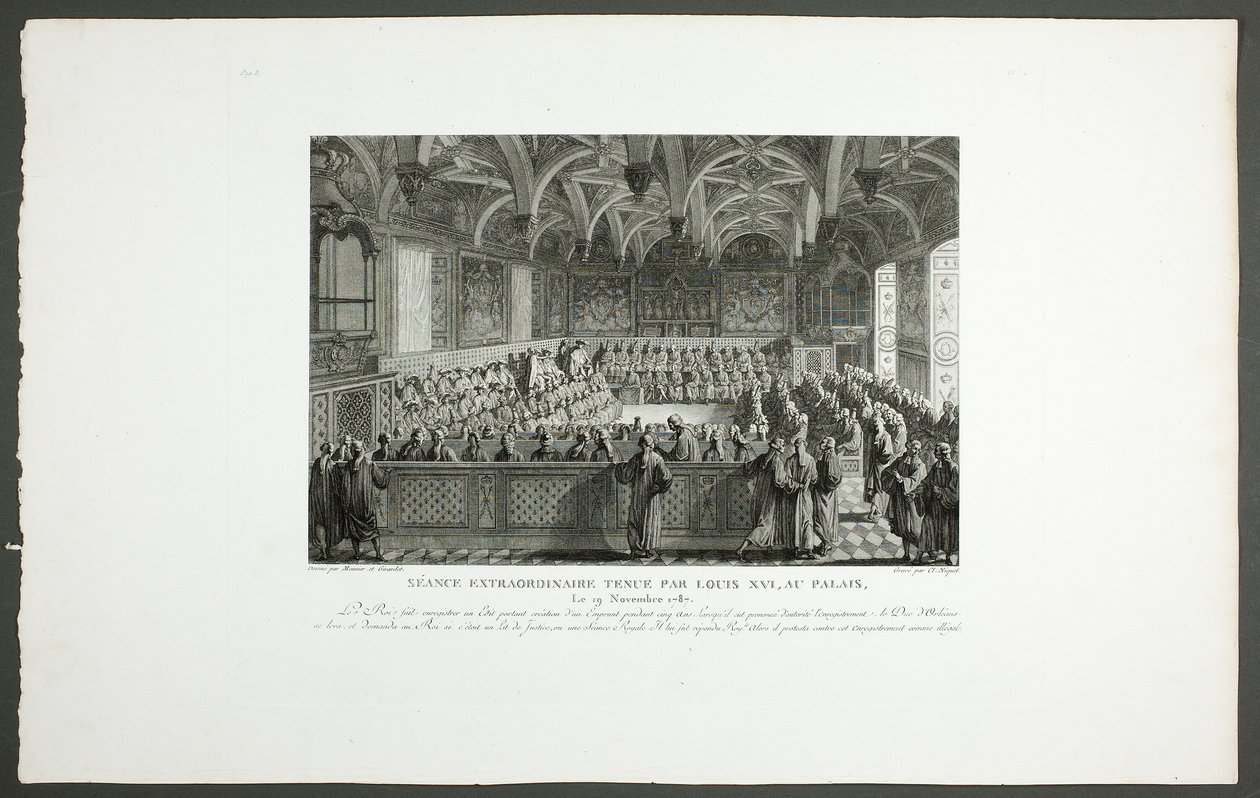 Ludvig XVI:n pitämä erityisistunto palatsissa, sarjasta Tableaux historiques de la Révolution française (Ranskalaisen vallankumouksen historialliset kuvat) tekijältä Claude Niquet