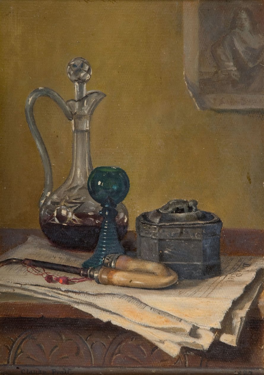 Sanomalehden, piippun, karahvin ja purkin asetelma, 1887. tekijältä Claude Pratt