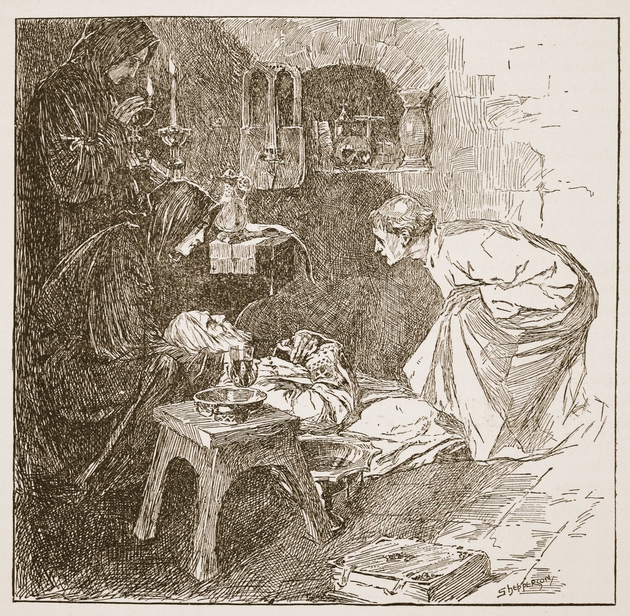 Death of Bede, kuvitus teoksesta "The Church of England: A History for the People", kirjoittanut H.D.M. Spence-Jones, pubi. n. 1910 (seepiavalokuva) tekijältä Claude Shepperson