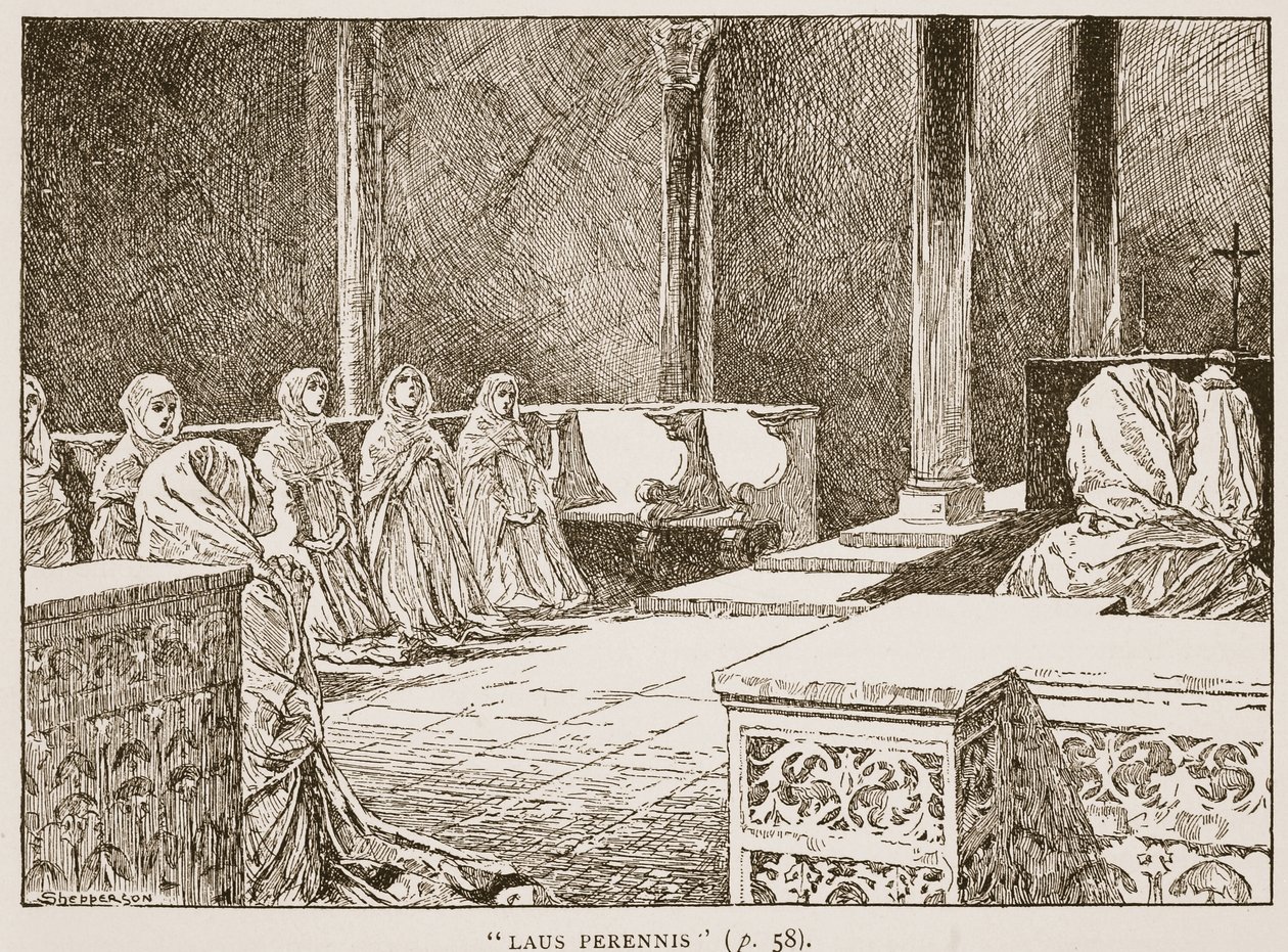 Laus Perennis, kuvitus teoksesta "The Church of England: A History for the People", kirjoittanut H.D.M. Spence-Jones, pubi. n. 1910 (seepiavalokuva) tekijältä Claude Shepperson