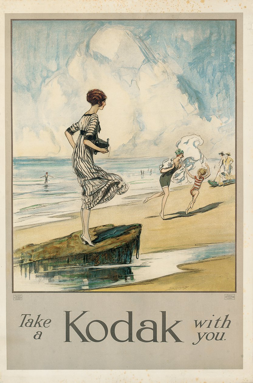 "Take a Kodak with you", Kodakin mainosjuliste, n. 1910 (värilitografia) tekijältä Claude Shepperson