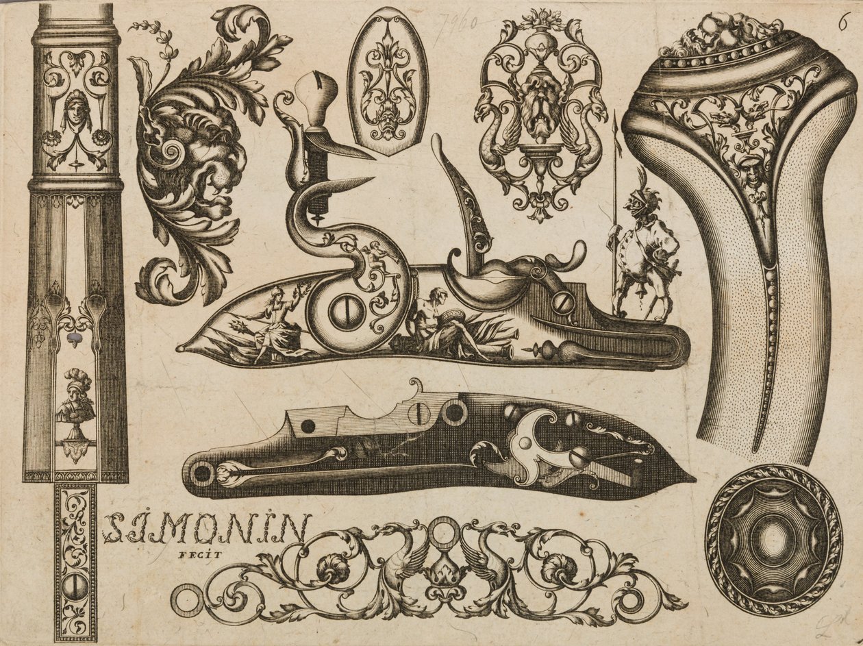 Kaiverrus ampuma-aseornamentista, 1693 tai 1695. tekijältä Claude Simonin