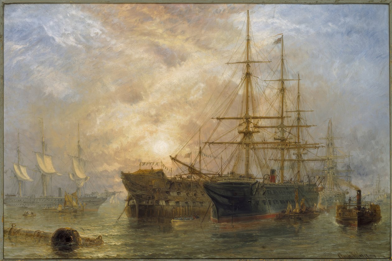 Hänen Majesteettinsa joukko-alukset vastaanottavat myymälöitä Portsmouthissa Ha tekijältä Claude T. Stanfield Moore