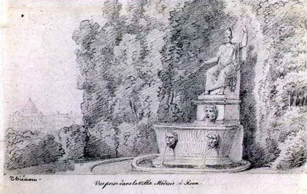 Näkymä suihkulähteelle Villa Medicin puutarhassa, Rooma, n. 1815-20 (kynä paperilla) tekijältä Claude Thienon