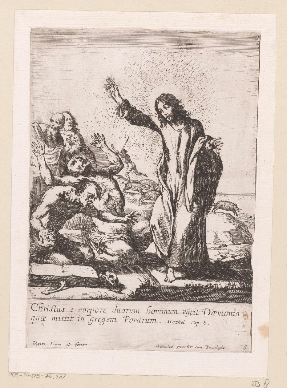 Kristus lunastaa kaksi riivattua demoneista Miracula Domini Nostri Jesu Christi (sarjan nimi) Kristuksen ihmeet (sarjan nimi) tekijältä Claude Vignon