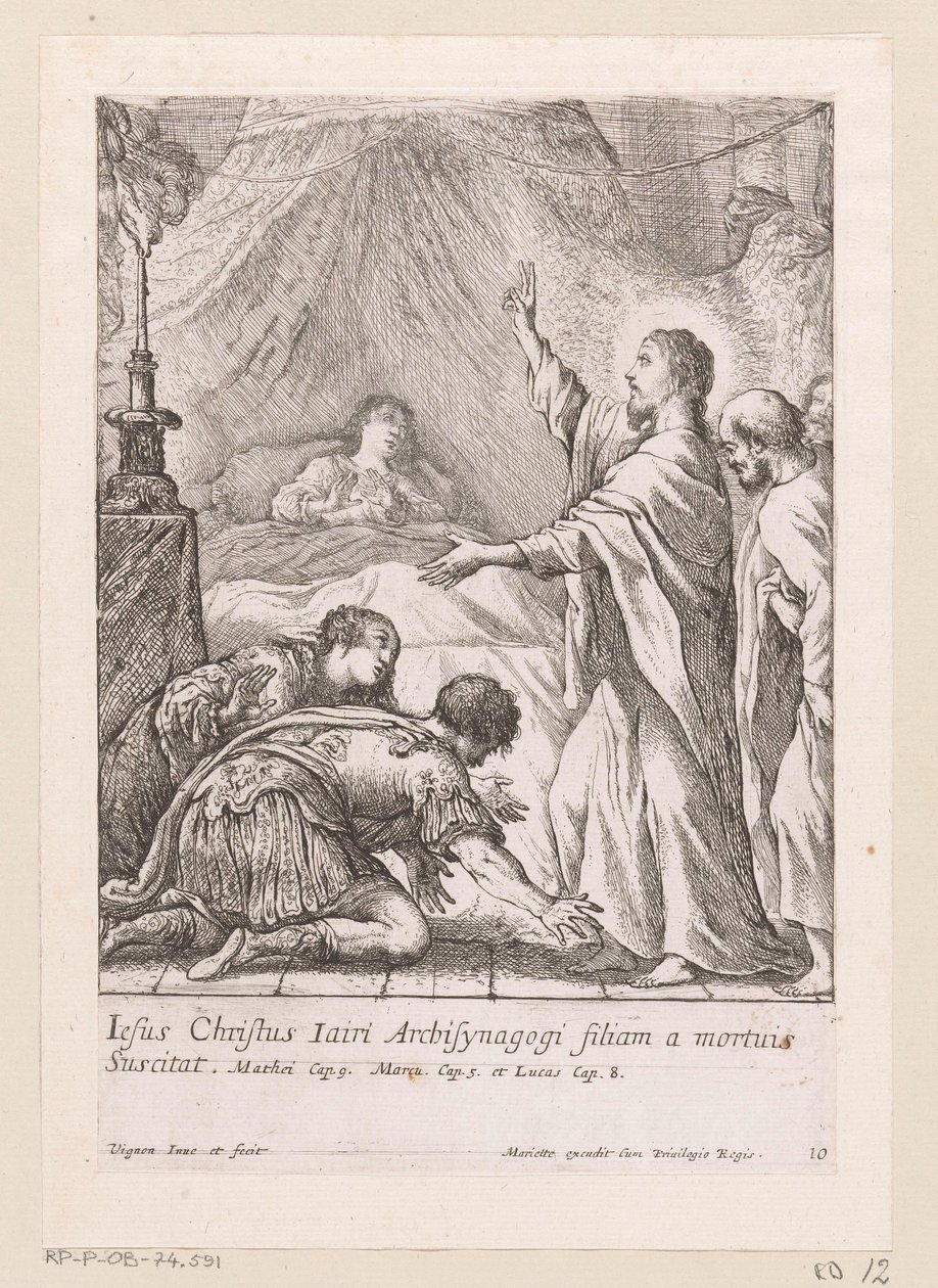 Kristus kasvattaa Jairuksen tyttären Miracula Domini Nostri Jesu Christi (sarjan nimi) Kristuksen ihmeet (sarjan nimi) tekijältä Claude Vignon