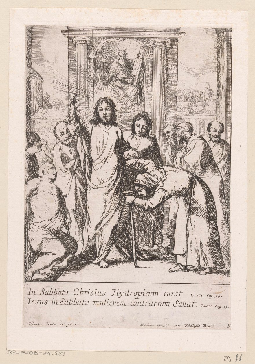Ontuvan miehen ja kiero naisen parantaminen sapattina Miracula Domini Nostri Jesu Christi (sarjan nimi) Kristuksen ihmeet (sarjan nimi) tekijältä Claude Vignon