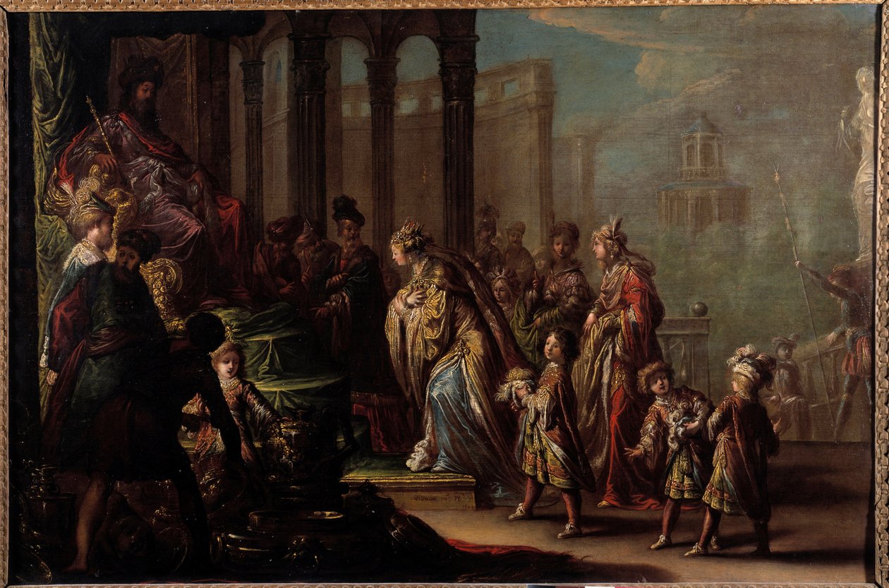 Salomo ja Saban kuningatar sanoo myös "" Esther ennen Assuerus 1er (Xerxes 1er)"" Claude Vignonin (1593-1670) maalaus 1600-luvun aurinko. 0,8x1,19 m Pariisi, msuee du Louvre tekijältä Claude Vignon