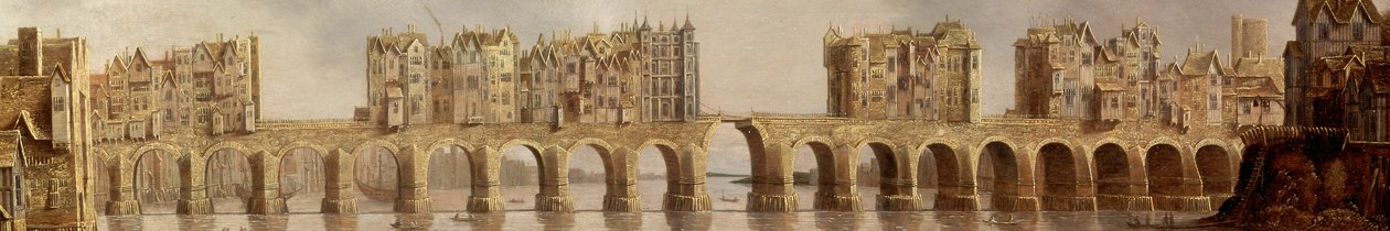 Yksityiskohta Vanhan Lontoon sillalta 1632 öljymaalauksessa Näkymä Lontoon sillalle tekijältä Claude de Jongh