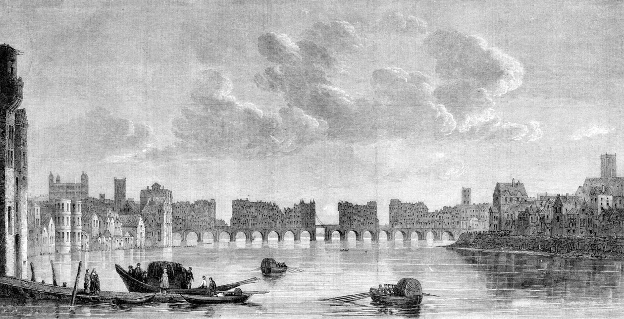 Vanha Lontoon silta tuhoutui vuoden 1666 suuressa tulipalossa. Kaiverrus Claude de Jonghin (1650) maalauksesta South Kensingtonin museossa tekijältä Claude de Jongh