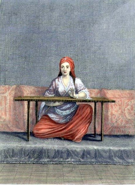 Turkkilainen nainen brodeeraus, kaiverrus C. du Bose, 1700-luvun alku (kaiverrus) tekijältä Claude du Bose