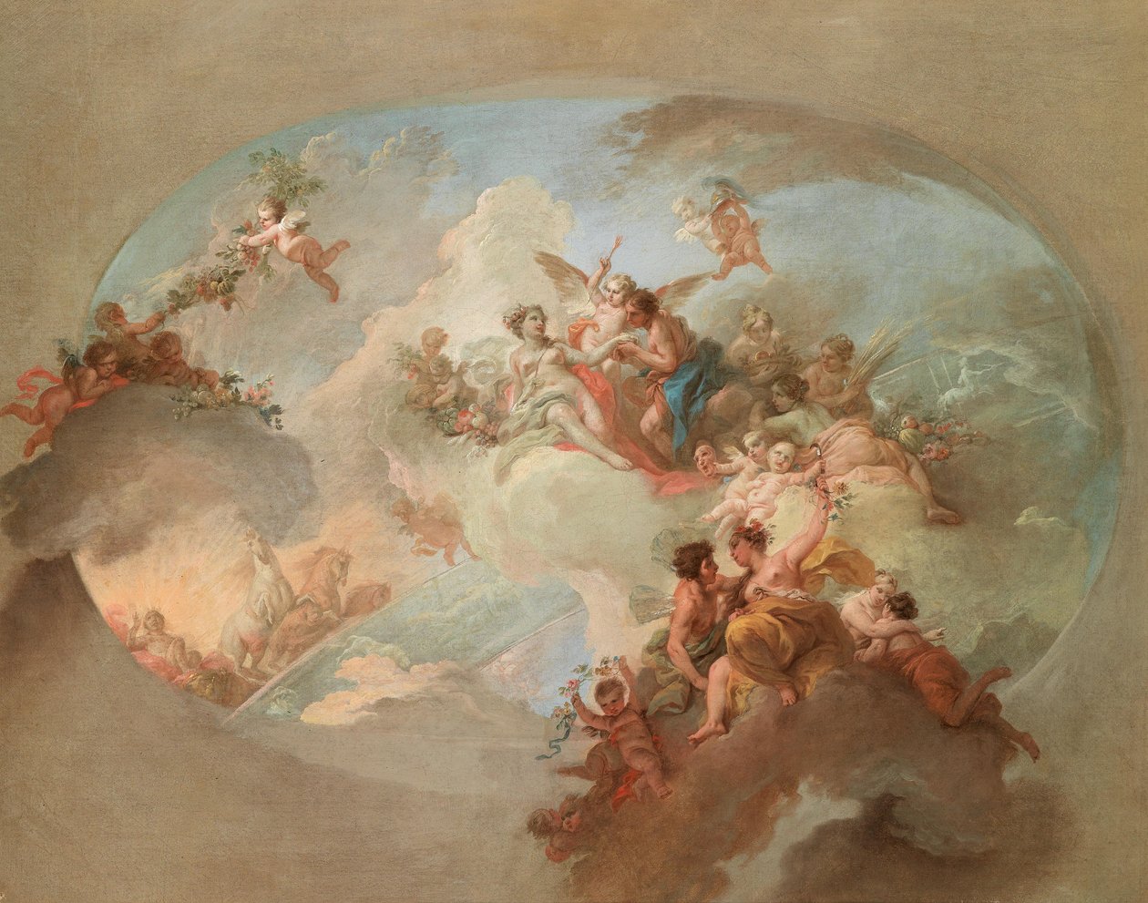 Eine Allegorie des Sommers mit Flora und Zephyr, Mars und Venus, dem Sonnenwagen Apollos und dem Sternbild der Zwillinge, Bozzetto für ein Deckengemälde tekijältä Claudio Francesco Beaumont