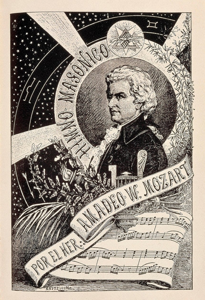Edustus itävaltalaisesta säveltäjästä Wolfgang Amadeus Mozartista (1756-1791), vapaamuurarien jäsenestä, joka liittyy Vapaamuurariuden Encyclopedic Dictionary -sanakirjaan, 1800-luvun loppu - 1900-luvun alku (kaiverrus) tekijältä Claudio Castelucho