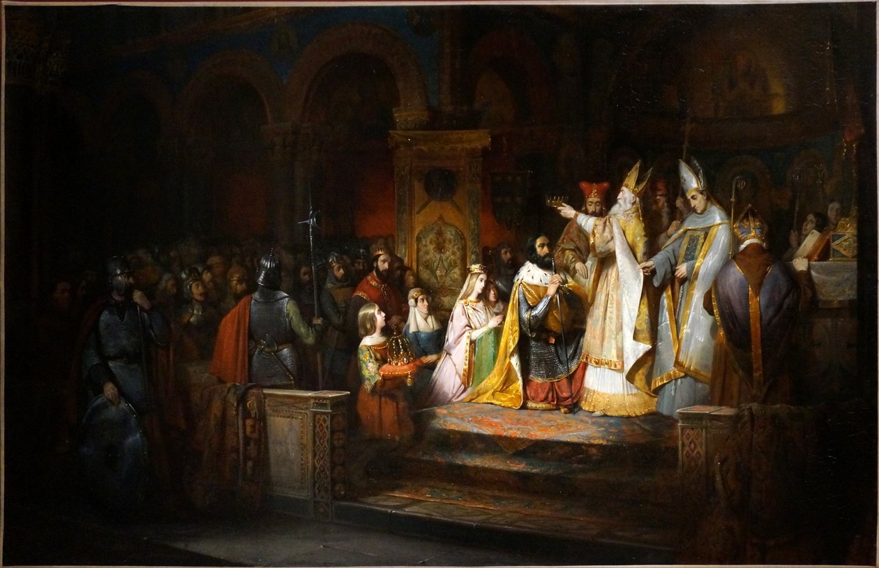 Paavi Adrianus I kruunaa Kaarle Suuren Italian kuninkaaksi Milanossa vuonna 774. tekijältä Claudius Jacquand