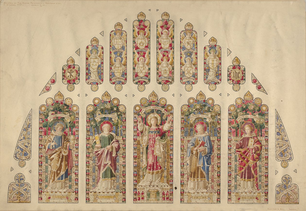 Suunnittelu moniruutuiselle lasimaalaukselle, Church of the Divine Paternity, New York, n. 1898. tekijältä Clayton and Bell