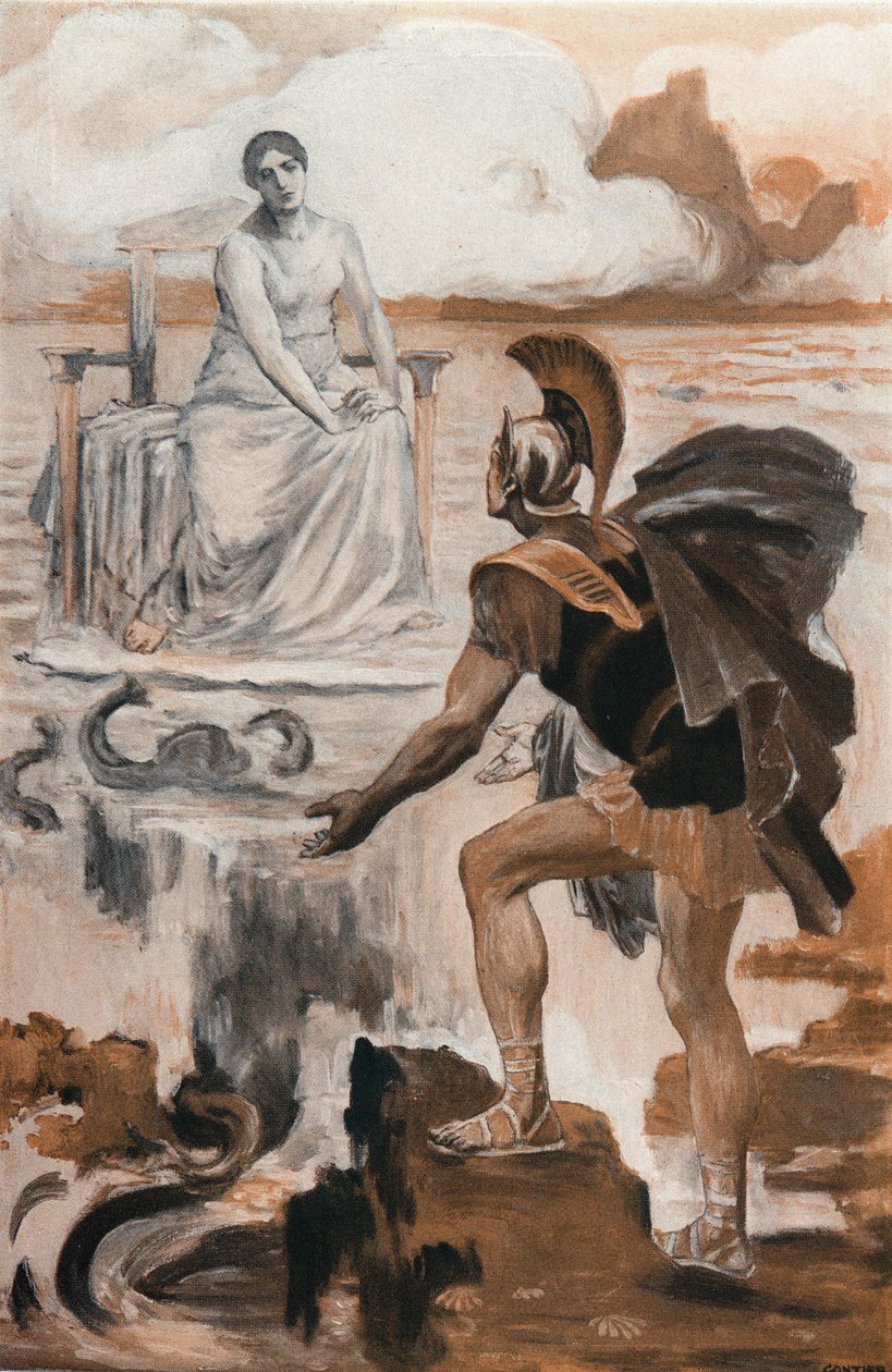 Akhilleus kutsuu äitiään Thetikseen. Clement Gontierin (1876-1918) kuvitus Homeren "Iliadille" (Omero). Paris, Henri Laurens tekijältä Clement Gontier