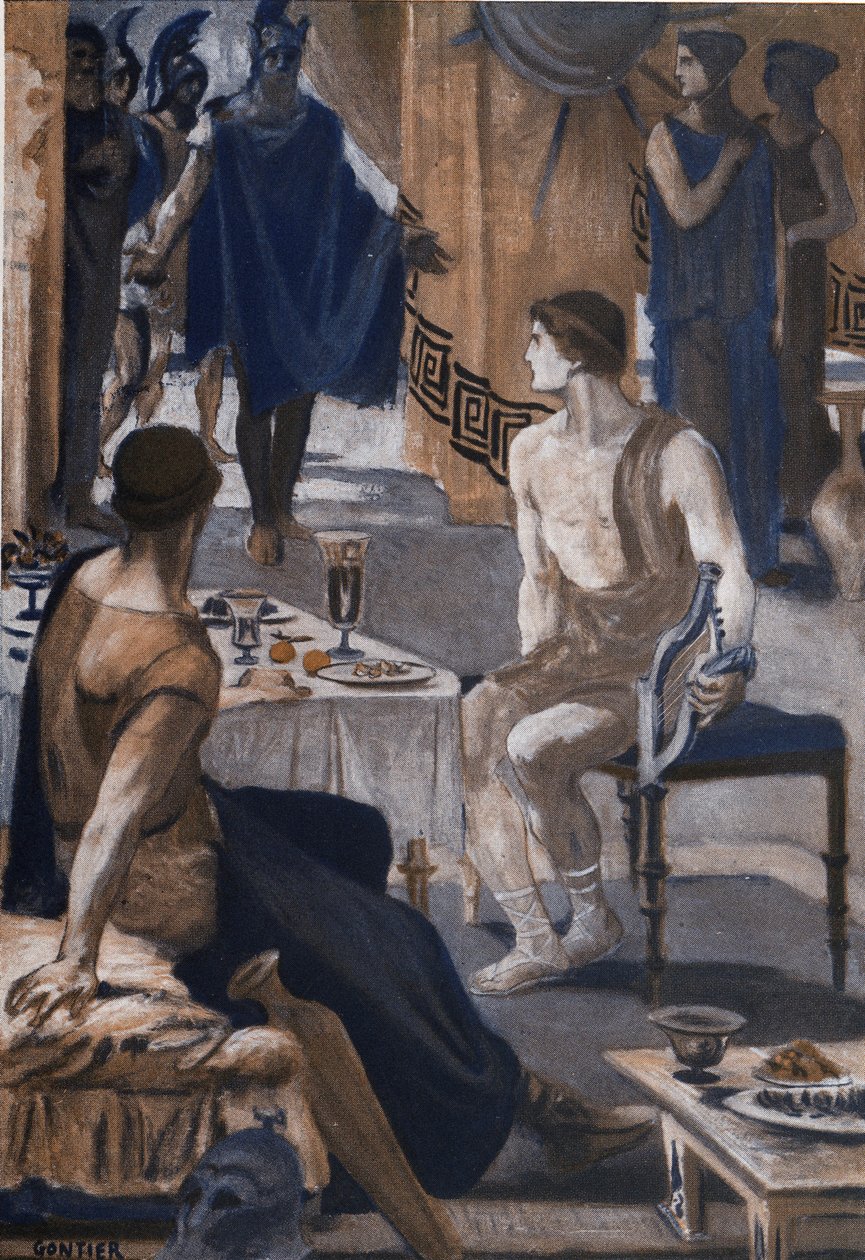 Akhilleus ottaa vastaan Agamemnonin lähettiläitä. Clement Gontierin (1876-1918) kuvitus Homeren "Iliadille" (Omero). Paris, Henri Laurens tekijältä Clement Gontier