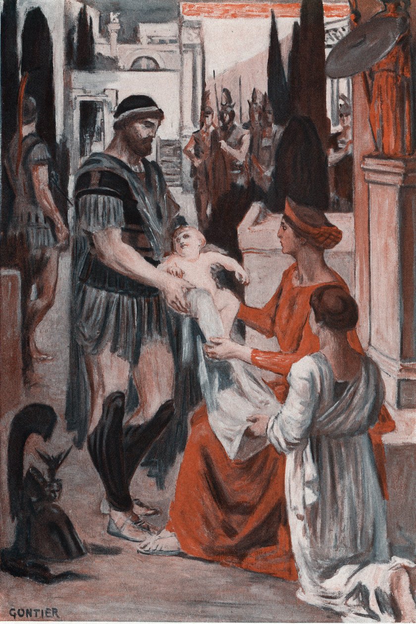 Hector ja Andromaque jäähyväiset. Clement Gontierin (1876-1918) kuvitus Homeren "Iliadille" (Omero). Paris, Henri Laurens tekijältä Clement Gontier