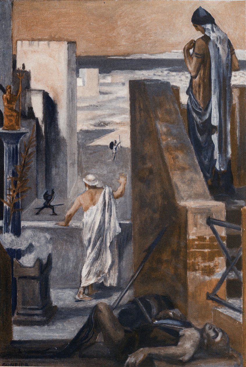 Hectorin vanhemmat pyytävät häntä välttämään tappelua. Clement Gontierin (1876-1918) kuvitus Homeren "Iliadille" (Omero). Paris, Henri Laurens tekijältä Clement Gontier
