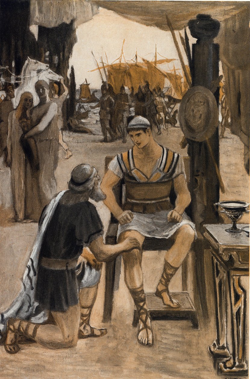 Priam Rachete saa Akhilleuksen poikansa (Hektorin) ruumiin. Clement Gontierin (1876-1918) kuvitus Homeren "Iliadille" (Omero). Paris, Henri Laurens tekijältä Clement Gontier