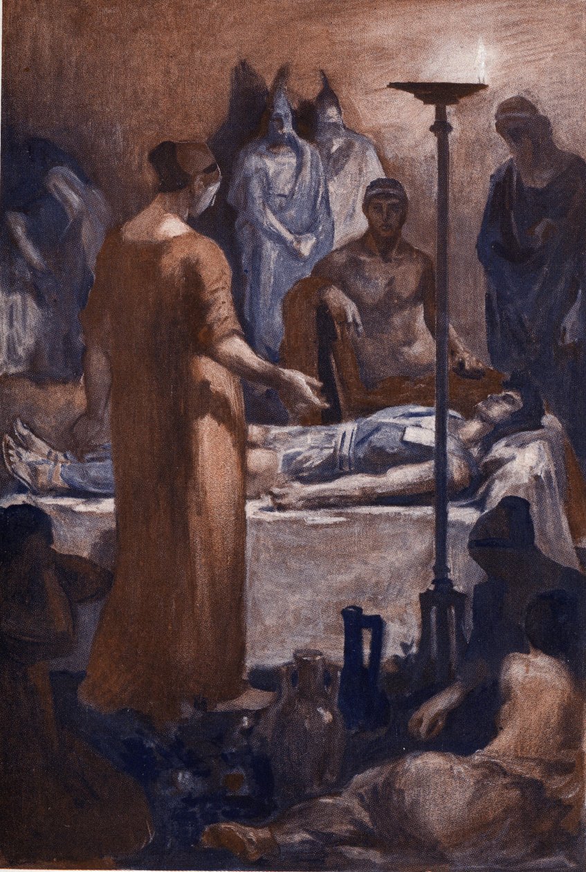 Briseisin valitus (Patroklein haavojen nähdessä). Clement Gontierin (1876-1918) kuvitus Homeren "Iliadille" (Omero). Paris, Henri Laurens tekijältä Clement Gontier