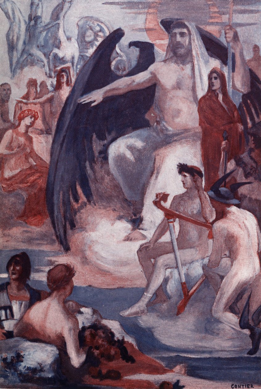 Jupiterin puolustus troijalaisten tai kreikkalaisten pelastamiseksi. Clement Gontierin (1876-1918) kuvitus Homeren "Iliadille" (Omero). Paris, Henri Laurens tekijältä Clement Gontier