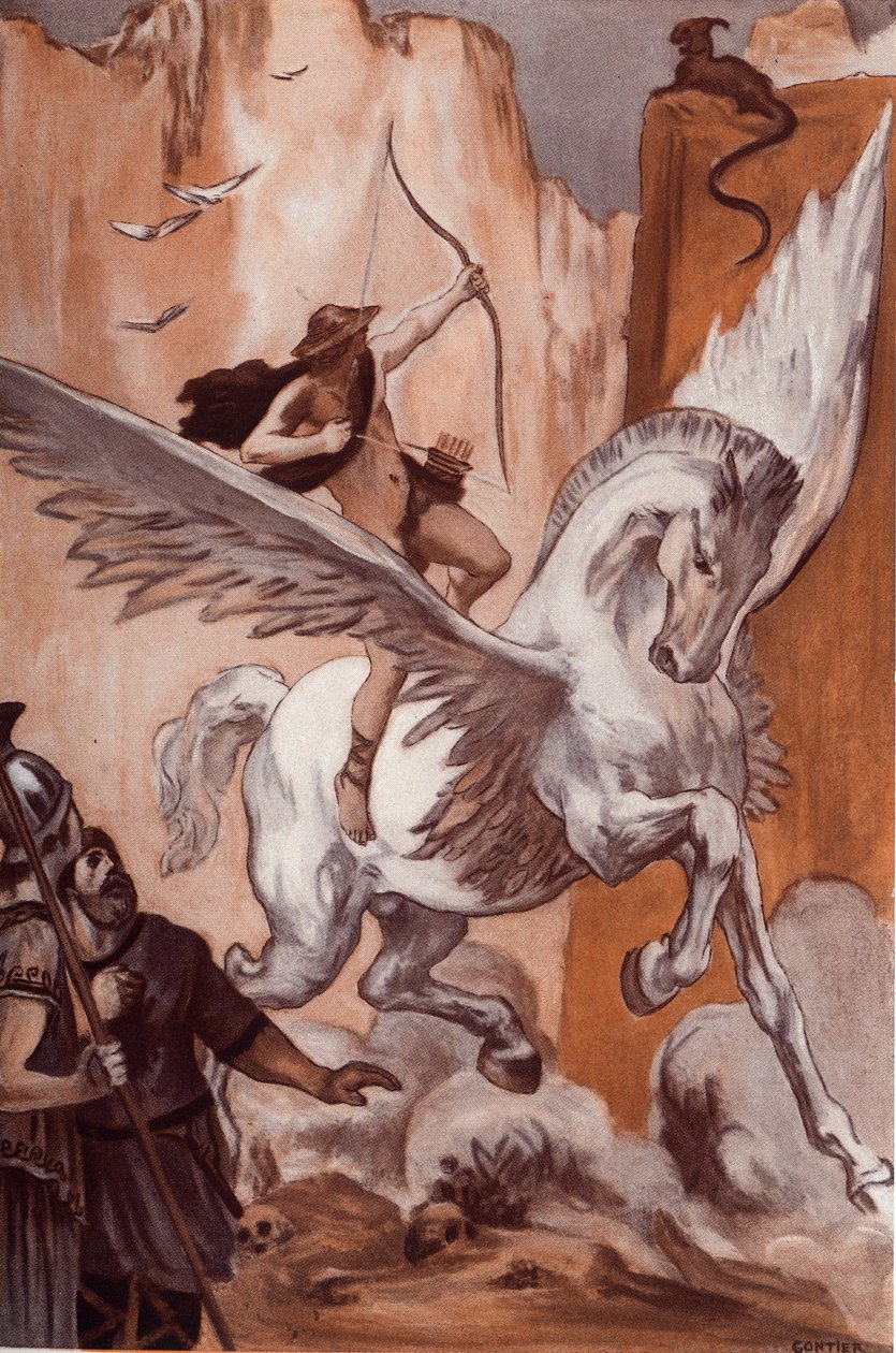 Bellerophonin historia: Bellerophon hevosessaan Pegase tappaa Chimeren. Clement Gontierin (1876-1918) kuvitus Homeren "Iliadille" (Omero). Paris, Henri Laurens tekijältä Clement Gontier