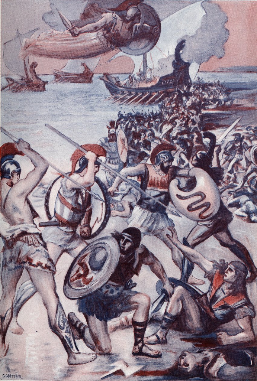 Taistelu Patrokleen ruumiin ympärillä. Clement Gontierin (1876-1918) kuvitus Homeren "Iliadille" (Omero). Paris, Henri Laurens tekijältä Clement Gontier