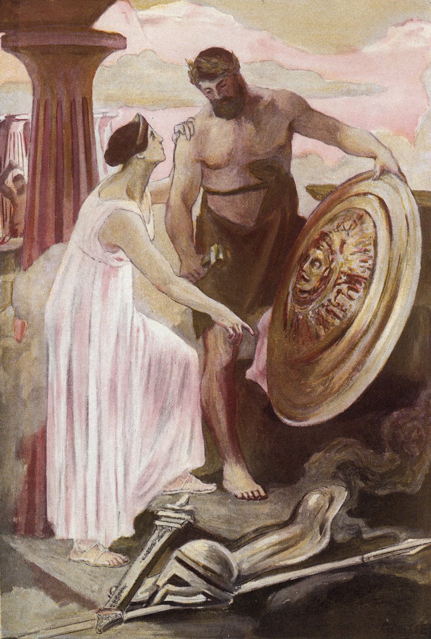 Vulcanin luoma Akhilleuksen kilpi. Clement Gontierin (1876-1918) kuvitus Homeren "Iliadille" (Omero). Paris, Henri Laurens tekijältä Clement Gontier