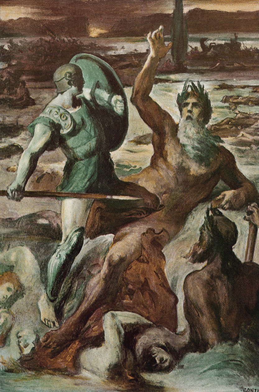 Akilleuksen ja Scamander-joen taistelu. Clement Gontierin (1876-1918) kuvitus Homeren "Iliadille" (Omero). Paris, Henri Laurens tekijältä Clement Gontier