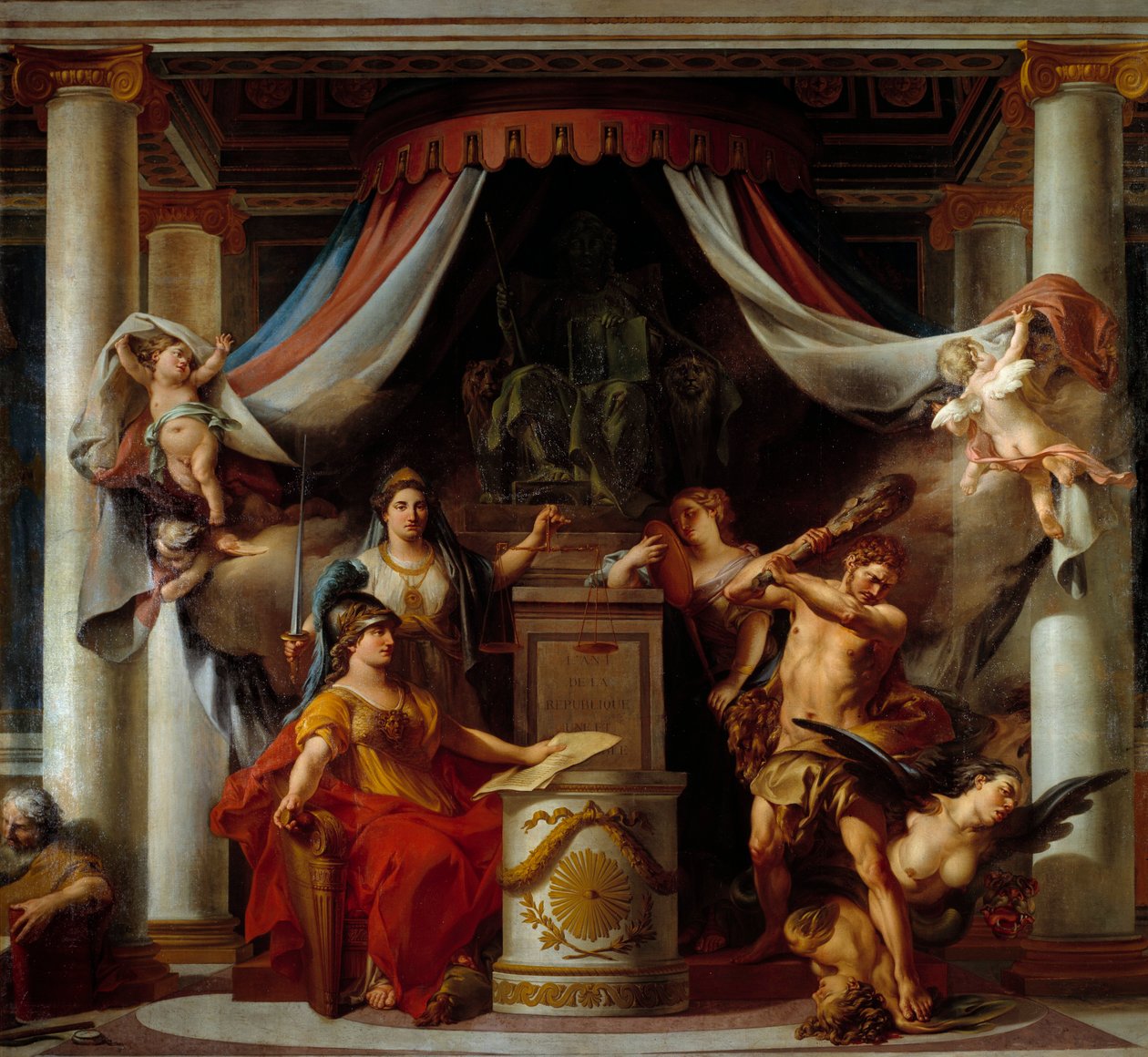 Vallankumouksen allegoria: keskustassa Minerve luovuttaa Herculesille salaisuuden, joka kumoaa Ancien-hallinnon paheet. Clement Bellen (1722-1806) maalaus 1794 Sun. 3,56x3,86 m tekijältä Clement Louis Marie Anne Belle