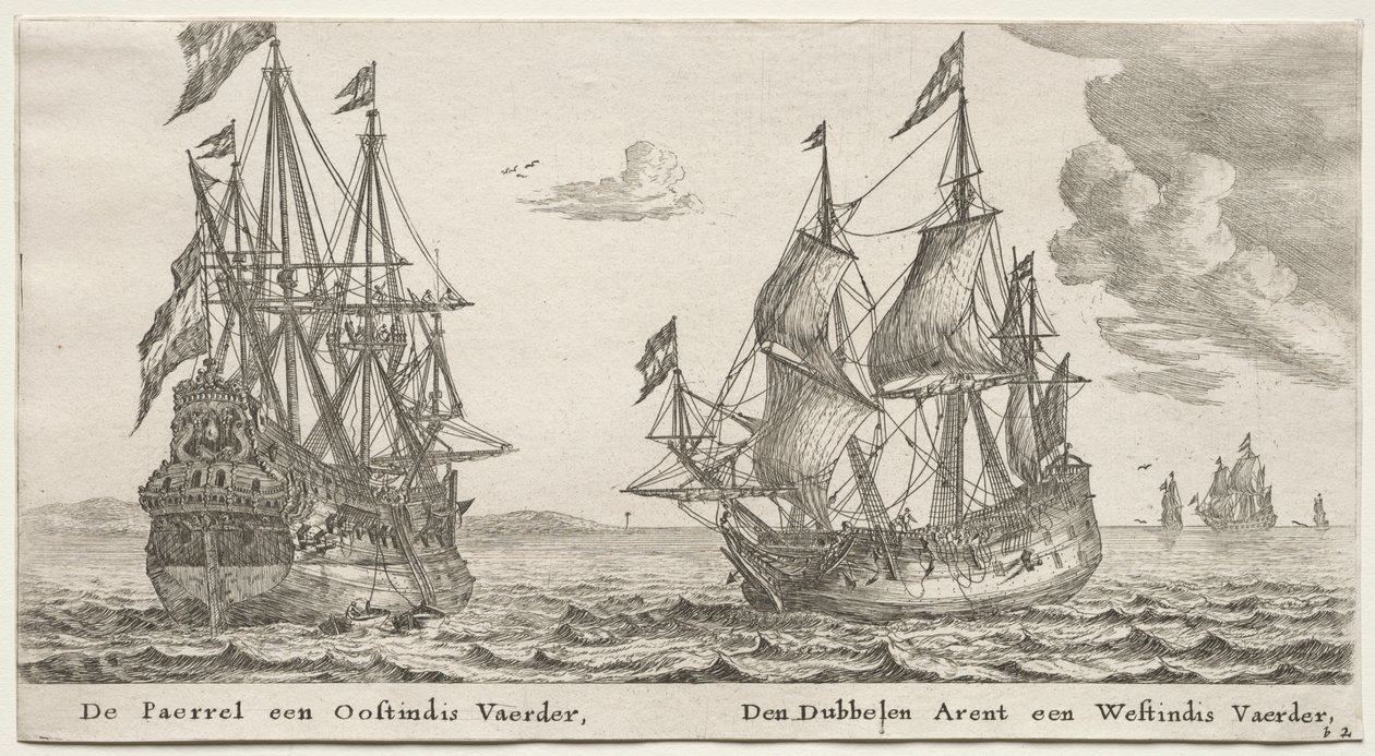 Erilaisia ​​laivoja ja Amsterdamin näkymiä (Verscheÿde Schepen en Gesichten van Amstelredam), Osa II: Helmi ja Itä-Intialainen, Kaksoiskotka, Länsi-Intialainen tekijältä Clement de Jonghe