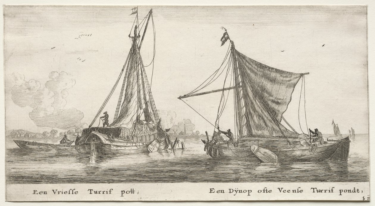 Erilaisia ​​laivoja ja Amsterdamin näkymiä (Verscheÿde Schepen en Gesichten van Amstelredam), osa II: Friisiläinen turveproomu. Dÿnop, lähellä Veenschen turvelampi tekijältä Clement de Jonghe