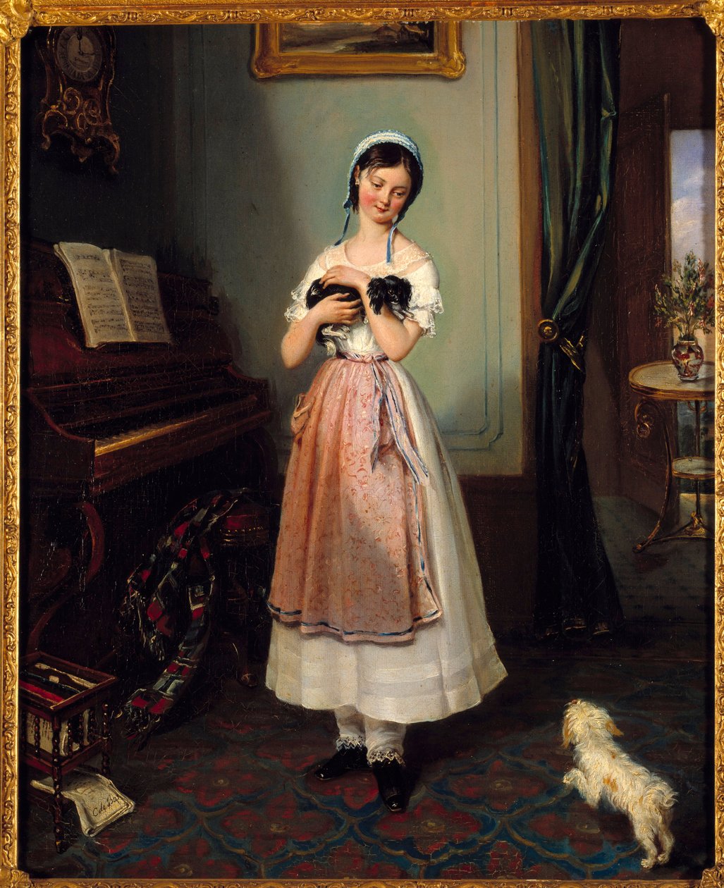 Nuori tyttö porvarillisessa sisustuksessa kahden koiran kanssa. Clementine de Barin (1807-1856) maalaus 1800-luvun Pariisi, Galerie Garoche tekijältä Clementine de Bar