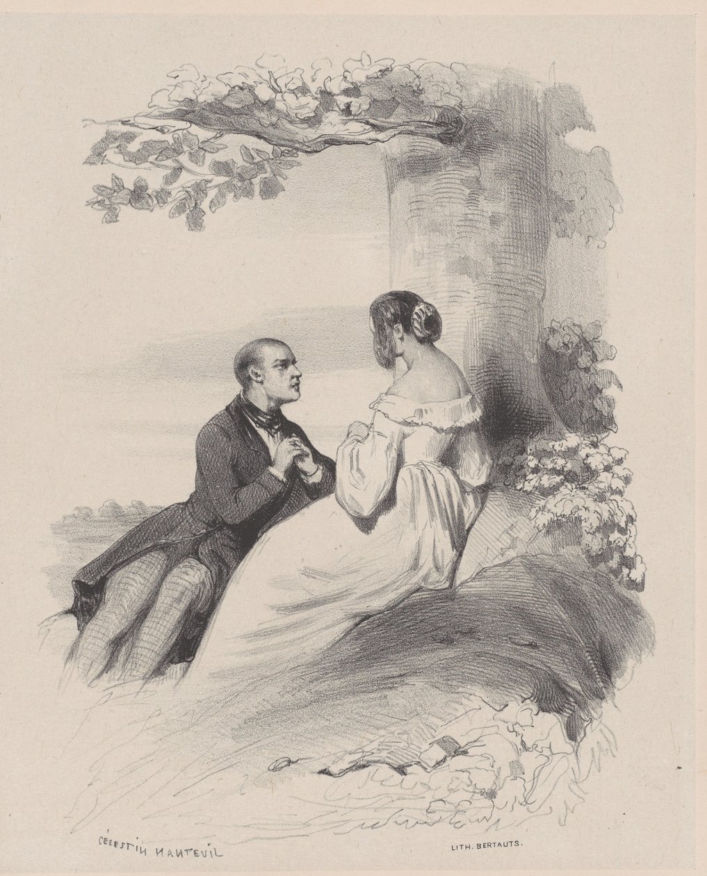 Mies kosimassa naista, jonka kasvot ovat hiusten peitossa, n. 1830-65. tekijältä Célestin Nanteuil
