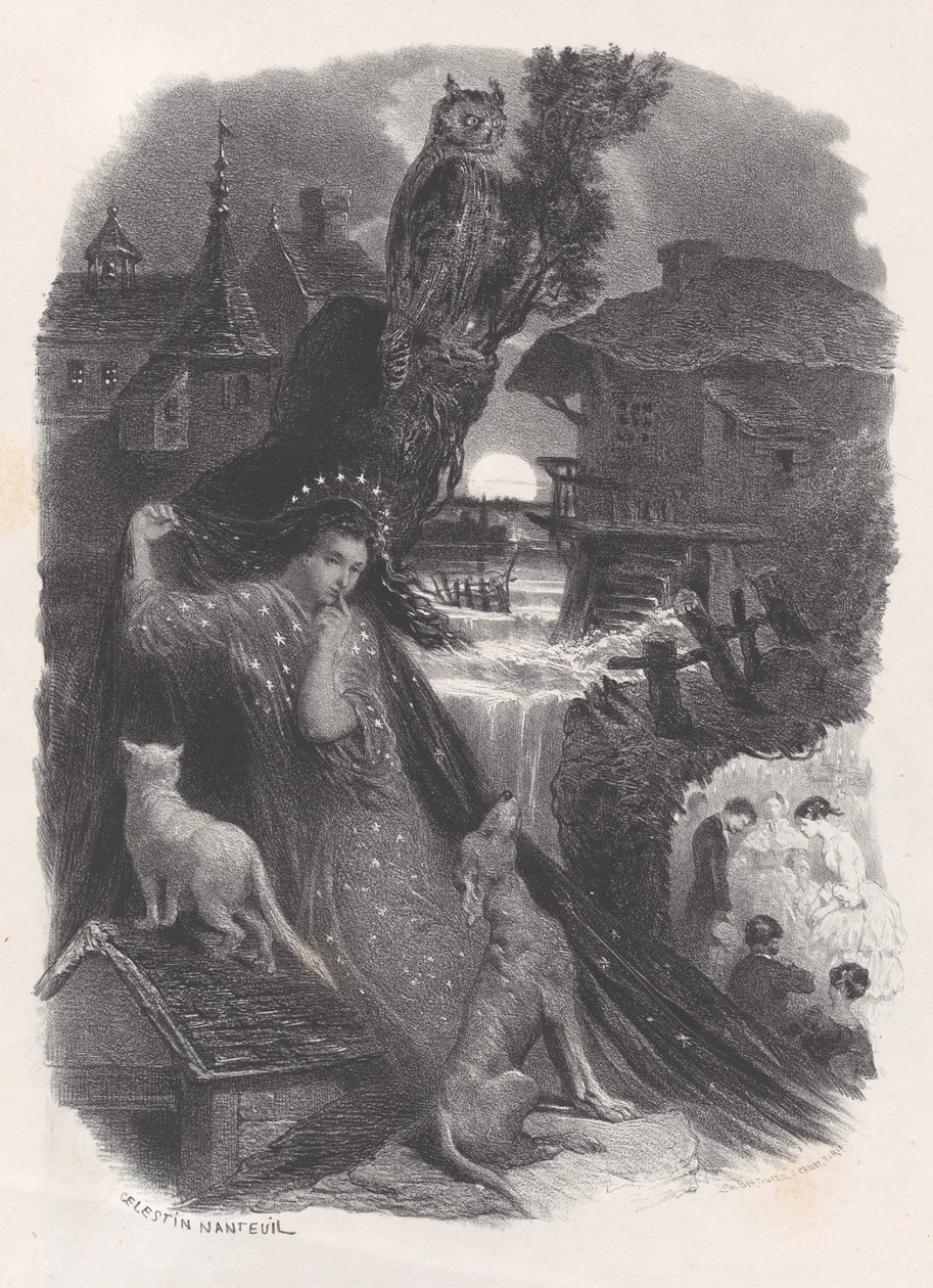 Yö, vinjetti tyttö 1700-luvun puvussa poimimassa ruusuja versossa, n. 1830-65. tekijältä Célestin Nanteuil