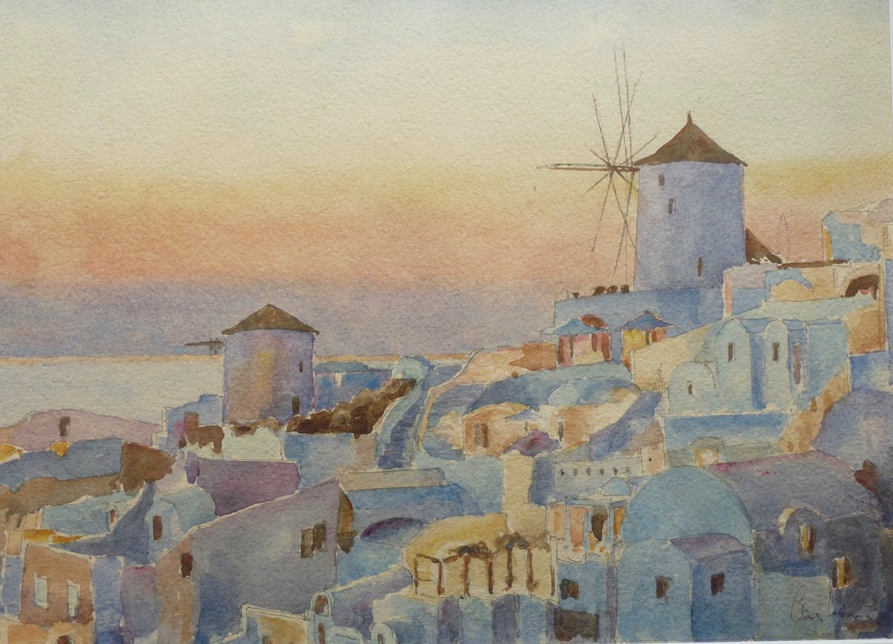 Santorini Oia – Auringonlasku, Valaistusaika, 2019 (akvarelli) tekijältä Clive Wilson