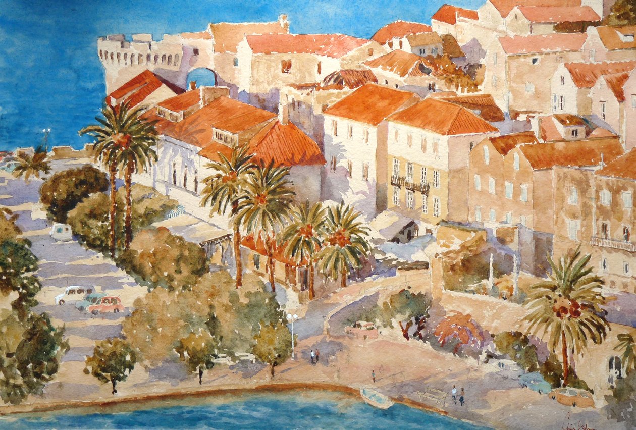 Auringonlasku, Korçulan satama, 2011 (akvarelli) tekijältä Clive Wilson