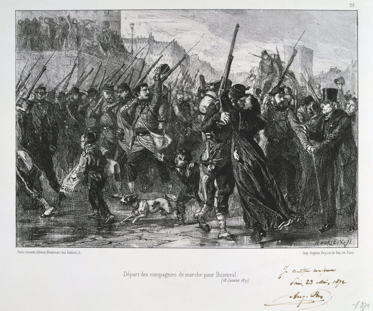 Ranskan ja Preussin sota 1870-1871: Buzenvalin taistelu (Mount Valerien) lähellä Versaillesia 19. tammikuuta 1871. Garde National marssi taisteluun ja tappioon. Clement August Andrieux