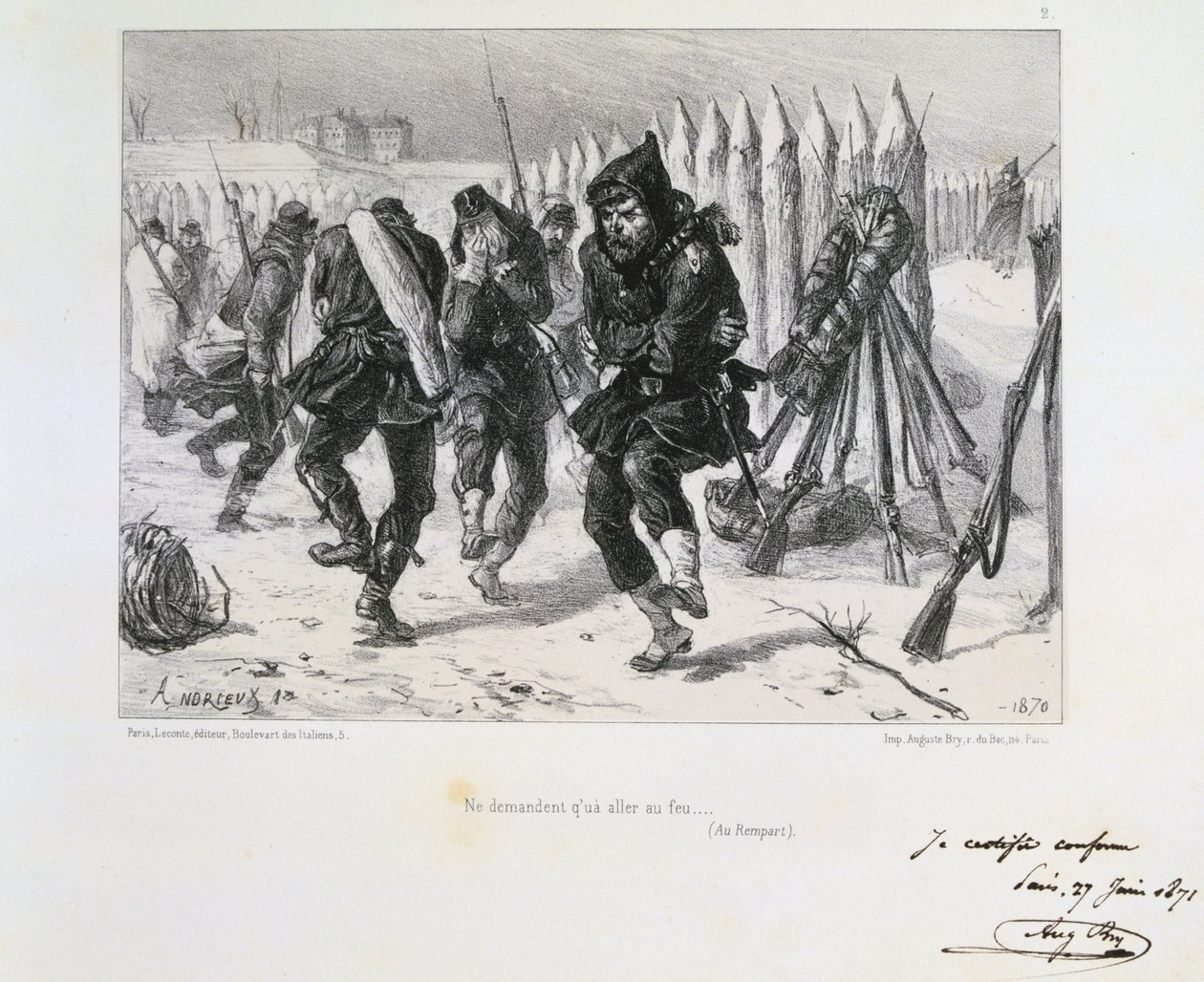 Ranskan ja Preussin sota 1870-1871. Pariisin piiritys 19.9.1870-28.1.1871. Sotilaat valleilla hyppimässä pitääkseen lämpimänä. Clement August Andrieux