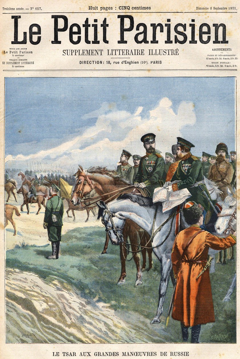 Tsaari (Nikolaji II) Venäjän suuriin liikkeisiin. Kansi "" Le Peute Parisien"" 8.9.1901. tekijältä Clément Auguste Andrieux