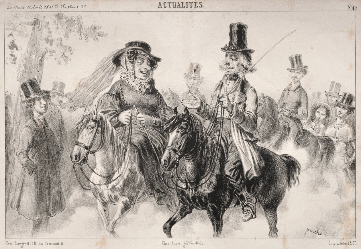 Uutiset: Kerro minulle, rouva Miroton, näyttää siltä, ​​että me olemme niitä, jotka antavat sävyn..., 1841. tekijältä Clémente Pruche
