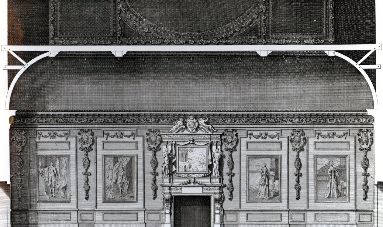 Osa Wiltonin suuresta ruokasalista, Inigo Jonesin suunnittelun mukaan, H. Hulsberghin kaiverrus, julkaistu julkaisussa "Vitruvius Britannicus", 1717 tekijältä Colen Campbell