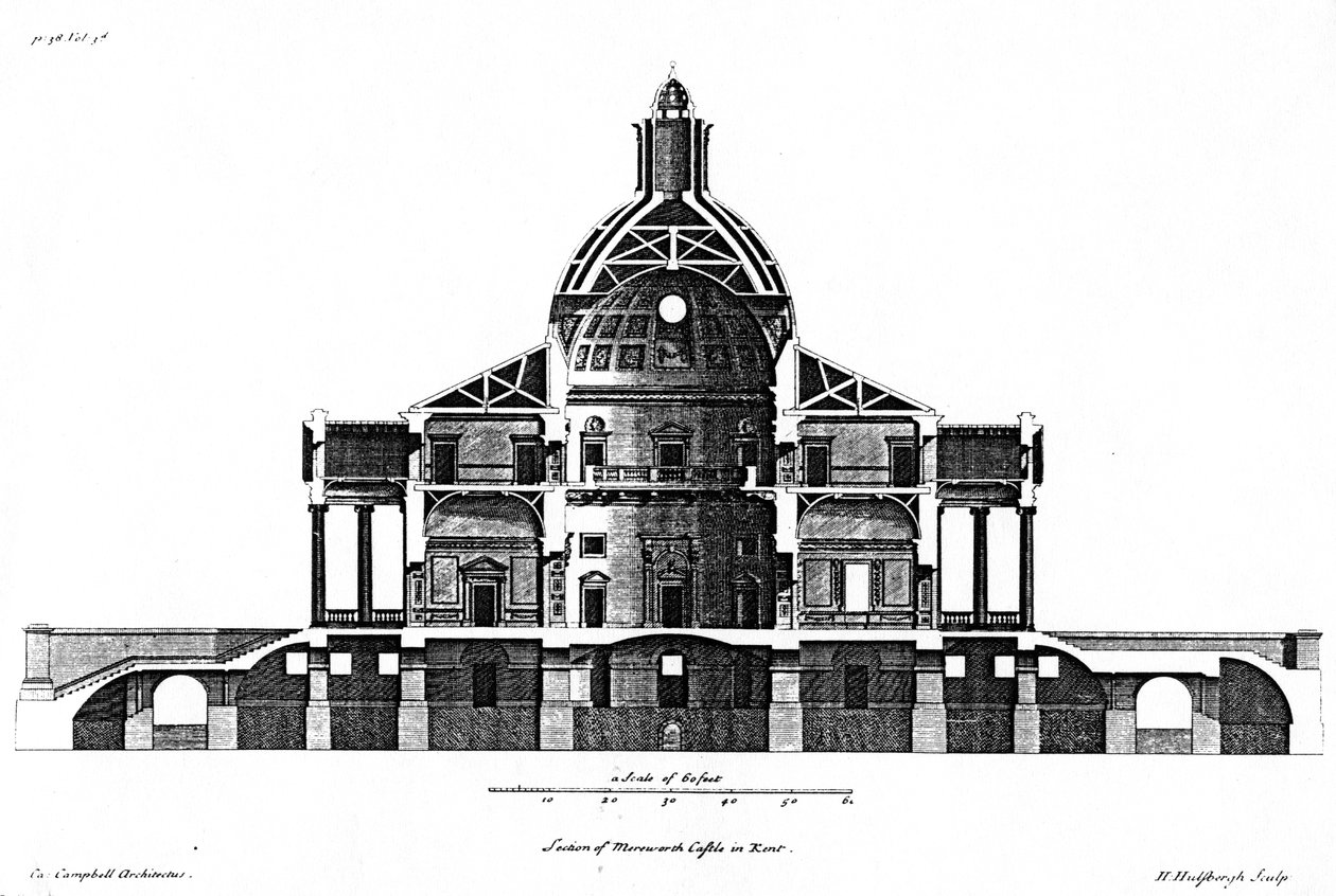 Osio Mereworthin linnasta Kentissä, kaiverrus H. Hulsbergh, n. 1722-24 tekijältä Colen Campbell