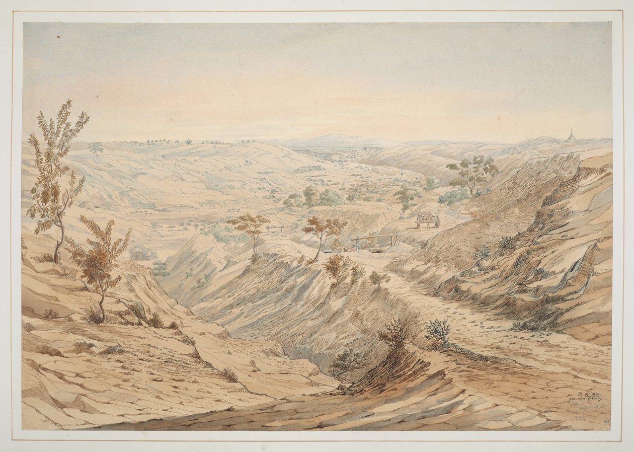 Els pous de petroli: Ye-an-nan-gyoung, aquarel·la núm. 18 de "A Series of Views in Burmah preses durant la missió del major Phayre a la cort d